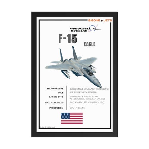F-15 Eagle fighter jet minimalist blueprint-style poster, framed wall art